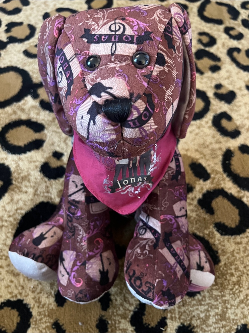 Build-A-Bear Jonas Brothers Patterned Plush Dog in Maroon and Pink With Dog Tags